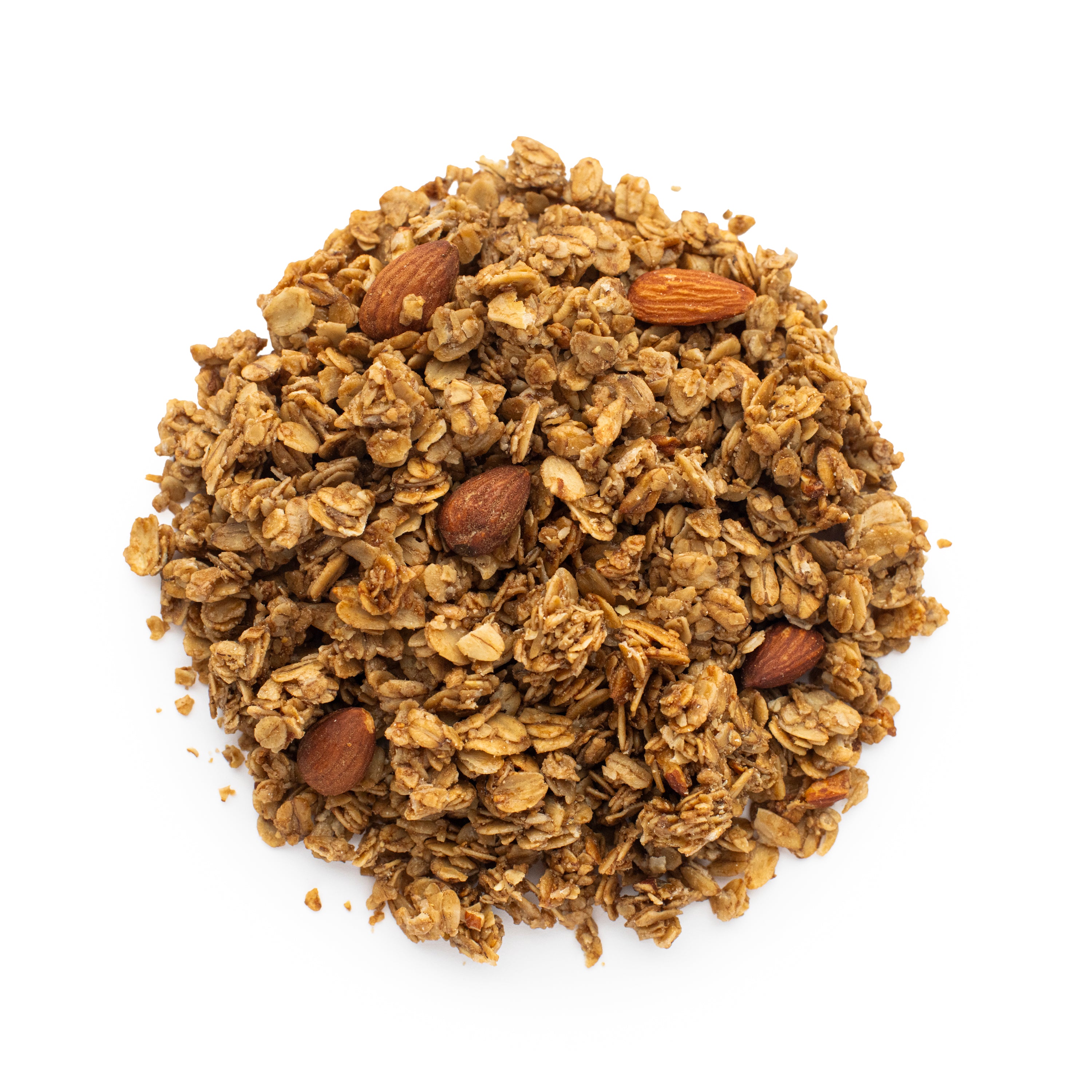 Pile of granola with almonds on a white background